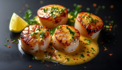 Wall Mural - Delicious grilled scallops drizzled with creamy lemon and spicy herb sauce against a sleek black backdrop