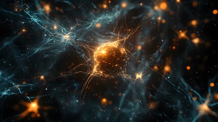 Poster - An abstract representation of an AI neural network in a dark void, with glowing, pulsating nodes symbolizing knowledge and gratitude.