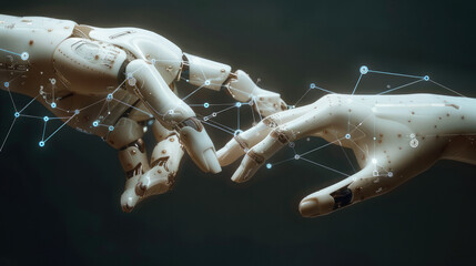 Fototapete - Robot and Human Contact Hands on Big Data Network Connections. Generative AI.