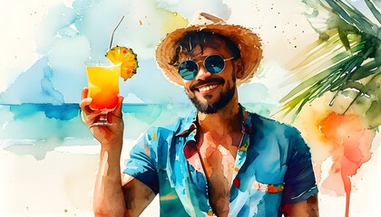 Wall Mural - Vibrant watercolor portrait of a man enjoying a tropical cocktail, embodying relaxation and leisure during summer vacations and lively parties