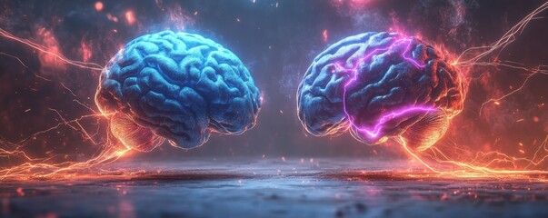 Poster - Digital illustration of two brains connected by electric energy, symbolizing collaboration and innovation