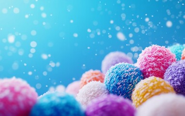 Bright, colorful candy-like balls on snowy surface with bokeh lights.