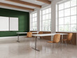 © ImageFlow - Green class room interior with chairs in row, chalkboard and panoramic window