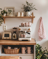 A small kitchen with a light wood and white color scheme. A coffee machine sits on the table with pink pastel colors. A small space in front of the wall provides storage for mugs.