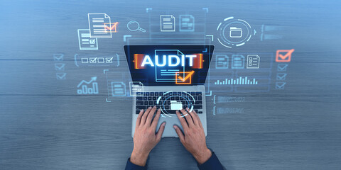 Poster - Hands typing on a laptop with audit icons and digital checklists, blue background, business audit concept, digital graphics overlay