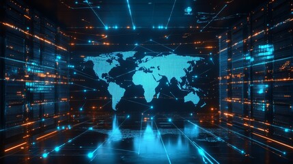 Poster - The advanced digital world map glows against a backdrop of sleek data servers, highlighting global connectivity in a high-tech environment filled with vibrant lights
