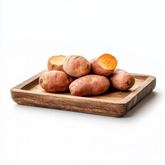 Wall Mural - Wooden tray with sweet potato fruit isolated on a white background.