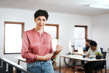 Poster - Portrait, tablet and business woman in creative startup for career growth, promotion and research. Face, digital technology and confident employee coworking or campaign manager design ads for brand