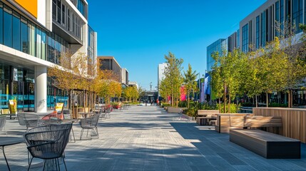 This vibrant urban street features stylish outdoor seating framed by modern architecture and colorful public art, inviting relaxation in an inviting atmosphere