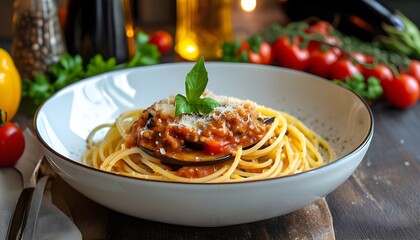 Wall Mural - Savory spaghetti topped with rich tomato sauce and roasted eggplant