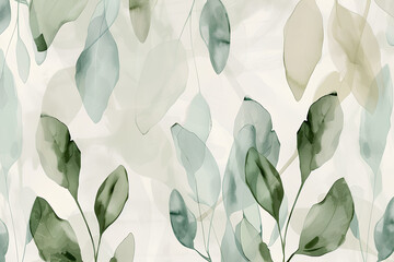 Wall Mural - simple and elegant background design with soft pastel colors, featuring delicate line art leaves in shades of green against an abstract watercolor wash of pale pink and peach hues. for wallpaper