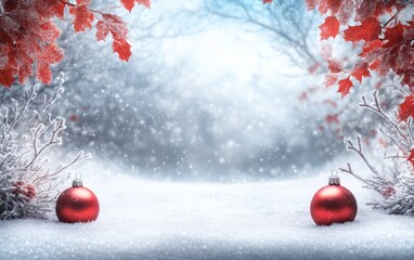 Red baubles resting in the snow, surrounded by frosty red leaves and branches, creating a wintry holiday scene in a soft snowy landscape.