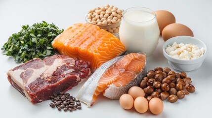 Poster - Protein food concept, meat pork, fish, bean, milk, egg, cereal set, plain white background. Generative AI.