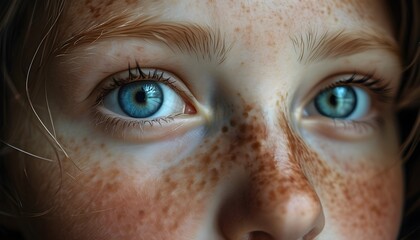 Wall Mural - Thoughtful gaze of a serene face with striking blue eyes and delicate freckles