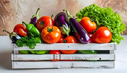 Poster - Rustic wooden crate overflowing with vibrant fresh vegetables including eggplants, tomatoes, and green peppers on a textured backdrop