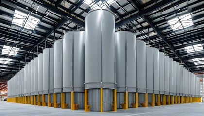 Wall Mural - Industrial warehouse showcasing expansive space filled with large cylindrical structures, characterized by towering ceilings and aligned support beams.