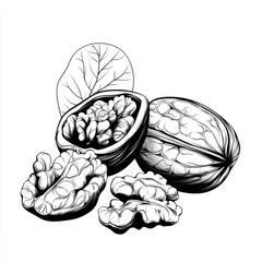 Continuous line art drawing of walnuts, isolated on a white background.