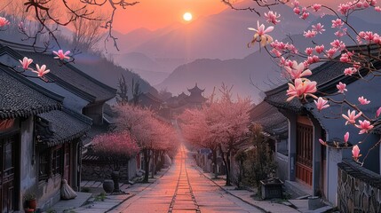 Wall Mural - In the spring of rural China, there is an ancient street with low houses on both sides and magnolia trees blooming in front of them. The sun sets behind the mountains in the distance. Generative AI.