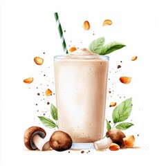 Wall Mural - Watercolor shiitake mushroom smoothie, isolated on a white background.