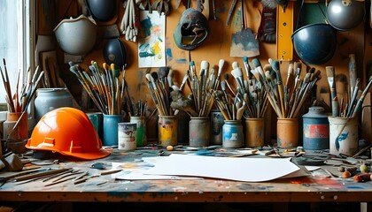 Wall Mural - Chaotic artists studio filled with scattered tools, colorful paintbrushes, and a work helmet, capturing the essence of a vibrant creative process