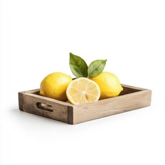 Wall Mural - Wooden tray with lemons, isolated on a white background.