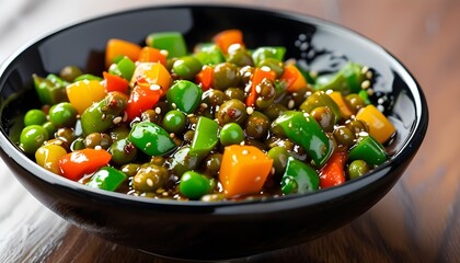 Wall Mural - Vibrant stir-fried tempeh with colorful bell peppers, peas, and carrots, seasoned with rich tamari or soy sauce