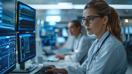 Aufkleber - A female doctor is working on a computer in a modern hospital control room with multiple monitors displaying data. Other doctors are focused at work in the room. Generative AI.