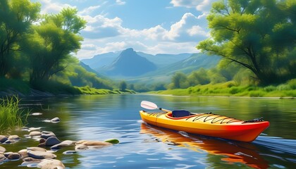 Wall Mural - Serene summer kayak adventure on a river beach surrounded by lush greenery and tranquil waters