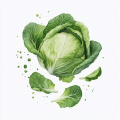 Wall Mural - Watercolor splash of cabbage, isolated on a white background.