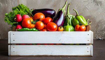 Poster - Rustic wooden crate overflowing with vibrant fresh vegetables including eggplants, tomatoes, and green peppers on a textured backdrop