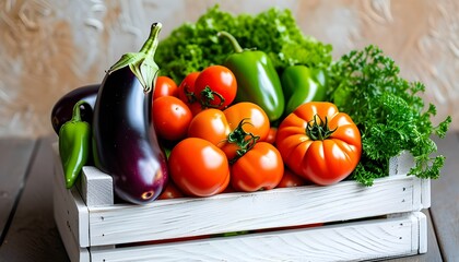 Poster - Rustic wooden crate overflowing with vibrant fresh vegetables including eggplants, tomatoes, and green peppers on a textured backdrop