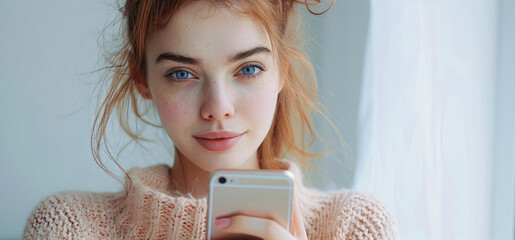 Poster - Beautiful woman with mobile phone at home isolated white background. Generative AI.