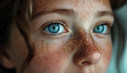 Poster - Thoughtful gaze of a serene face with striking blue eyes and delicate freckles