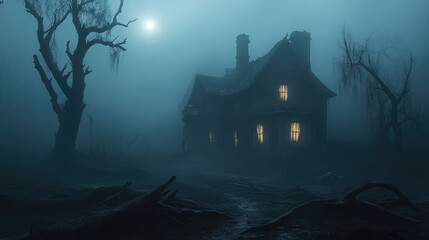 Wall Mural - A creepy house with a dark and foggy atmosphere