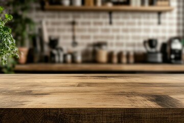 Wall Mural - Product montage space on a wooden tabletop with a hazy interior background of a kitchen counter