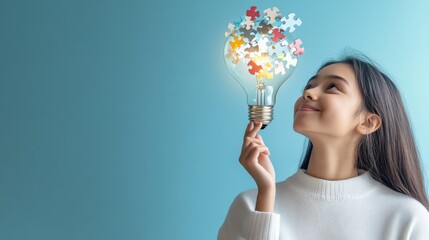 Lightbulb of puzzle pieces girl thinking in education solution floating above a , study innovation, creative digital data analysis learning technology neon tone