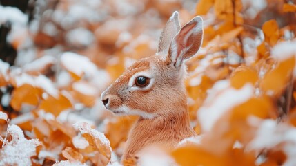 A rabbit with snow-dusted fur, sitting in a patch of orange autumn leaves, enjoying the winter landscape.