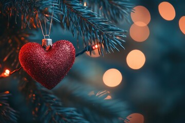 Wall Mural - Decorative heart on Christmas tree, closeup. Festive background. Beautiful Christmas heart on blurred background, closeup with generative ai