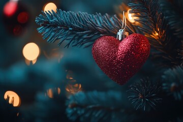 Wall Mural - Decorative heart on Christmas tree, closeup. Festive background. Beautiful Christmas heart on blurred background, closeup with generative ai