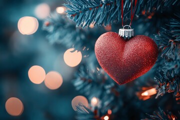 Wall Mural - Decorative heart on Christmas tree, closeup. Festive background. Beautiful Christmas heart on blurred background, closeup with generative ai