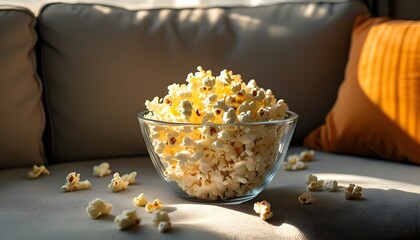 Cozy couch adorned with a clear glass bowl overflowing with popcorn, bathed in gentle morning sunlight