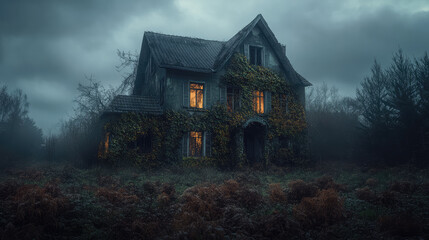 Wall Mural - A creepy house with ivy growing on it