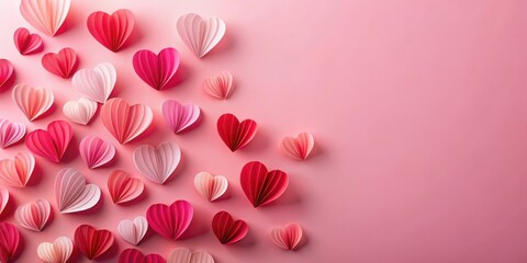 Poster - A cheerful and romantic Valentines Day background with a variety of pink and red paper hearts on a soft pastel pink backdrop, perfect for sharing love and happiness
