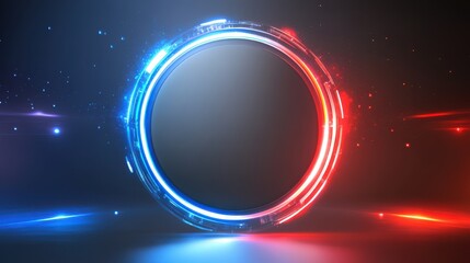 Poster - Circular Black Friday badge with bold fonts and glowing red and blue neon lights, perfect for sales promotions.