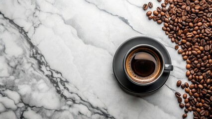 Top view of a black coffee cup with coffee beans on a marble table, with empty space