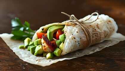 Wall Mural - savory turkey and avocado wrap elegantly presented in parchment paper