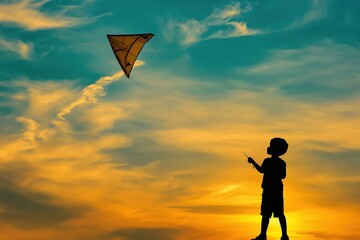 silhouette of a boy with a kite