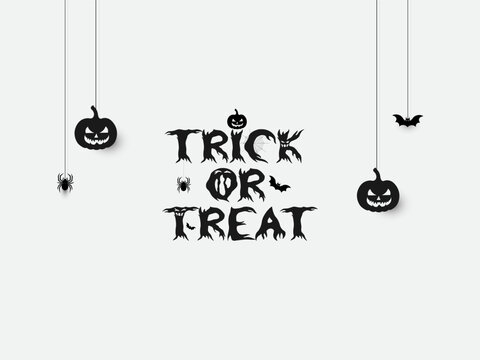 Black and white color Trick Or Treat wordmark design. Happy Halloween calligraphy design. Black and white color Trick and Treat typography design with pumpkins, bats, and spider web. 
