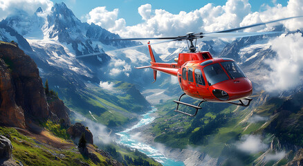 Wall Mural - Realistic Photo of an Orange Helicopter Flying Over the Cityscape During Sunset

