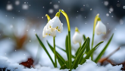 Wall Mural - delicate white snowdrop flowers emerging through the snow in a serene outdoor winter landscape